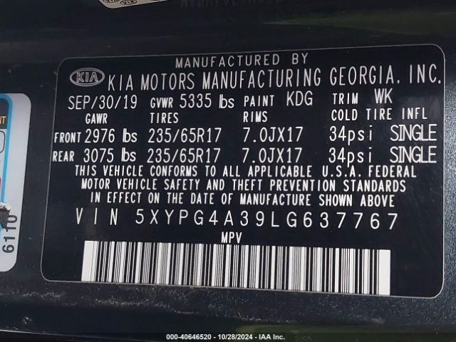 Photo 8 VIN: 5XYPG4A39LG637767 - KIA SORENTO 