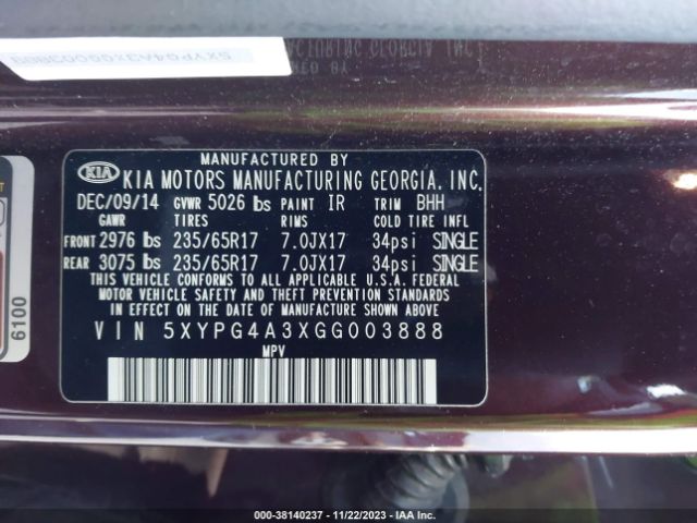 Photo 8 VIN: 5XYPG4A3XGG003888 - KIA SORENTO 