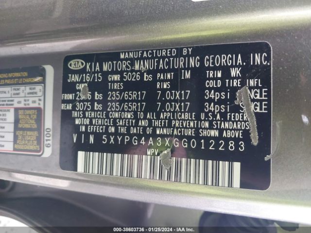 Photo 8 VIN: 5XYPG4A3XGG012283 - KIA SORENTO 