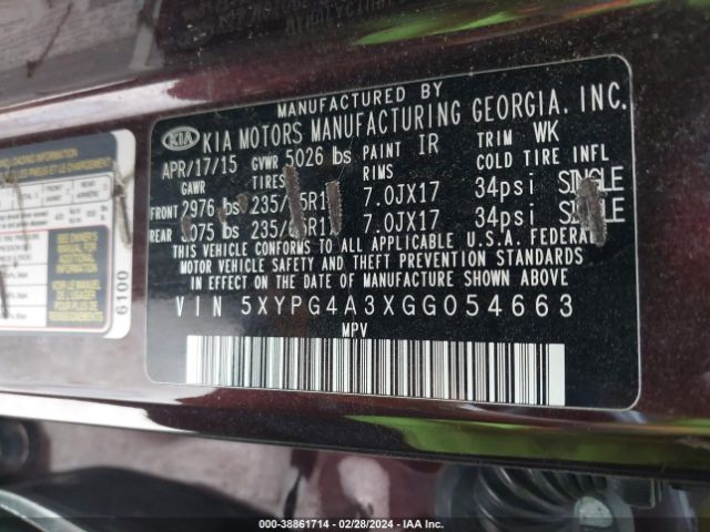 Photo 8 VIN: 5XYPG4A3XGG054663 - KIA SORENTO 