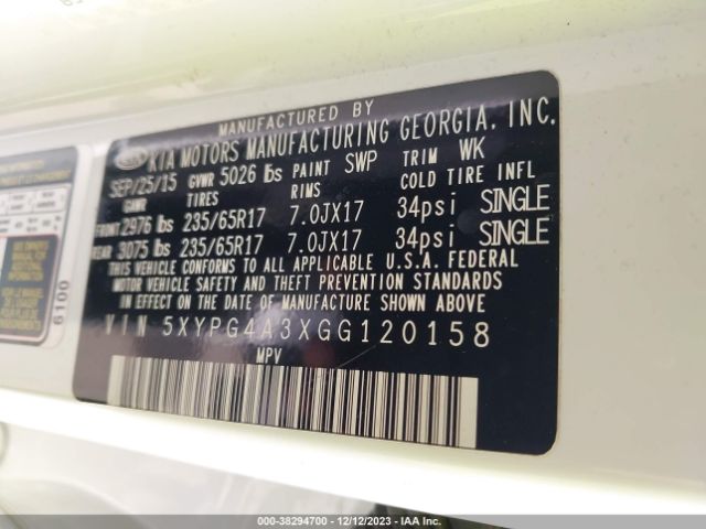 Photo 8 VIN: 5XYPG4A3XGG120158 - KIA SORENTO 