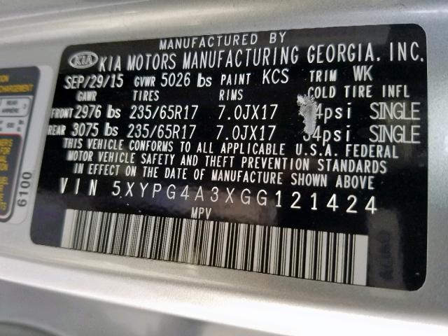 Photo 9 VIN: 5XYPG4A3XGG121424 - KIA SORENTO LX 