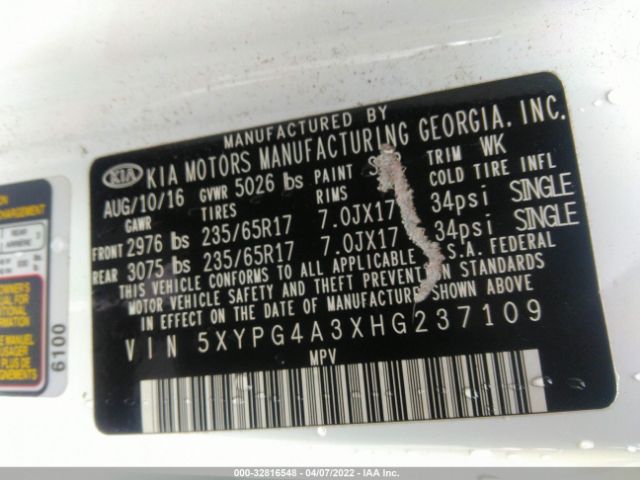 Photo 8 VIN: 5XYPG4A3XHG237109 - KIA SORENTO 