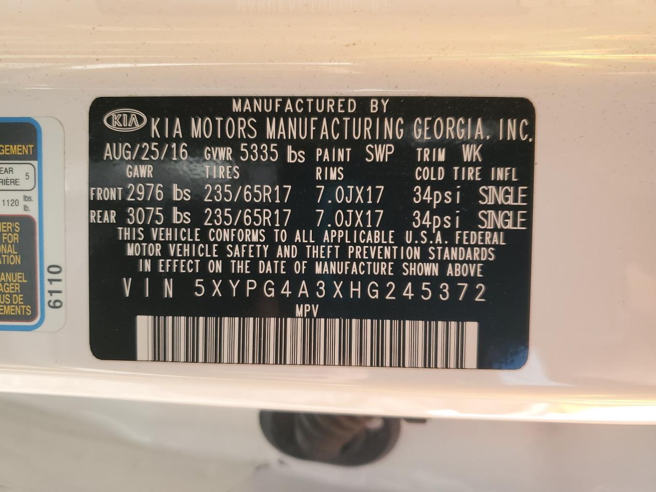 Photo 11 VIN: 5XYPG4A3XHG245372 - KIA SORENTO 