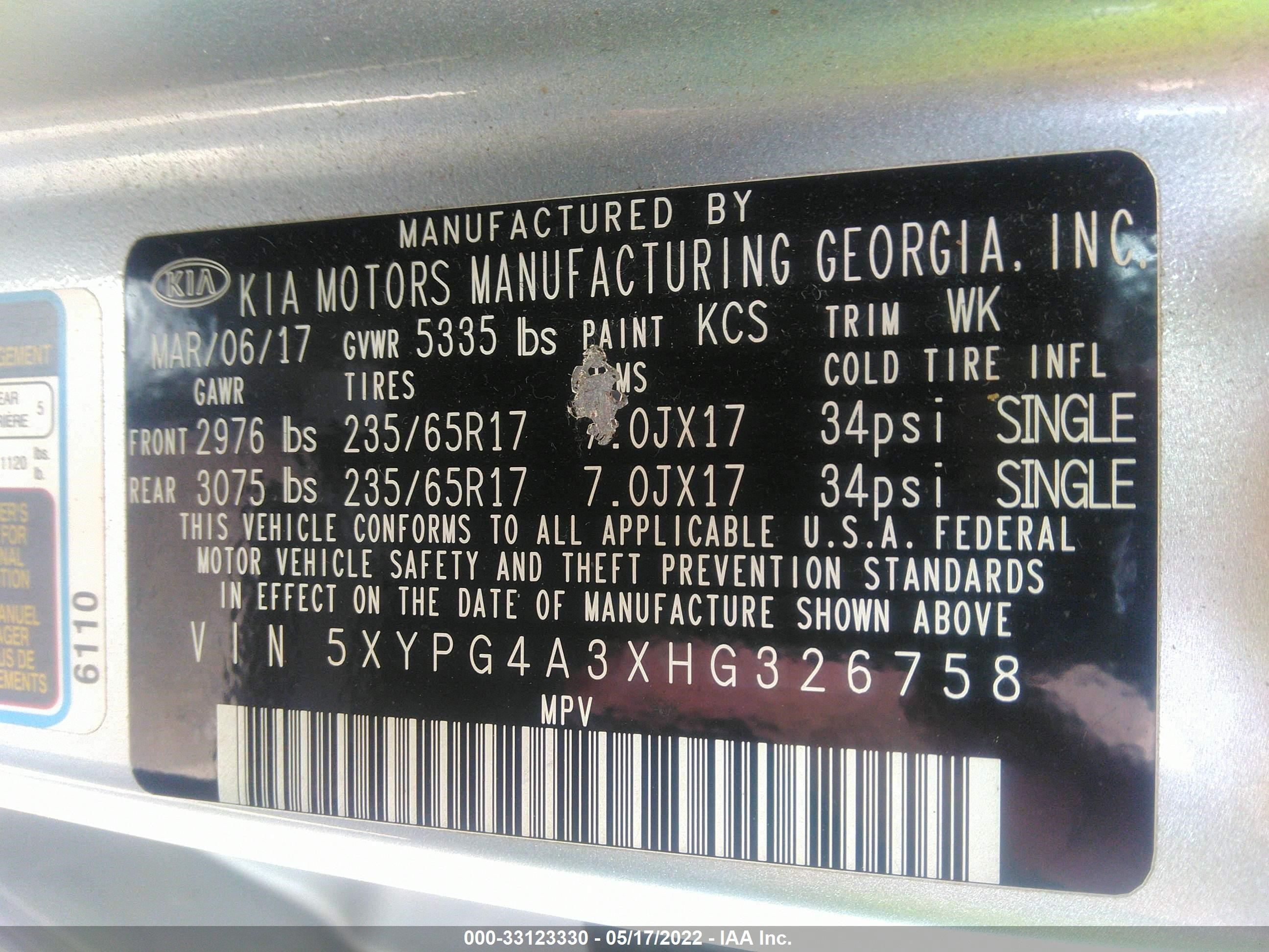 Photo 8 VIN: 5XYPG4A3XHG326758 - KIA SORENTO 