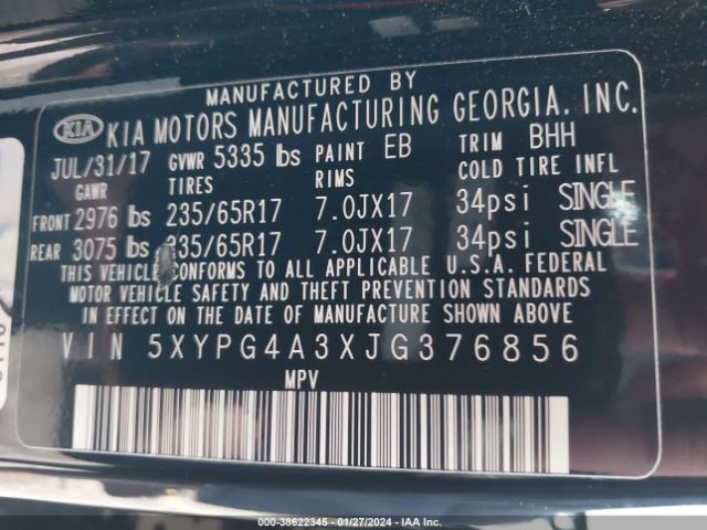 Photo 8 VIN: 5XYPG4A3XJG376856 - KIA SORENTO 