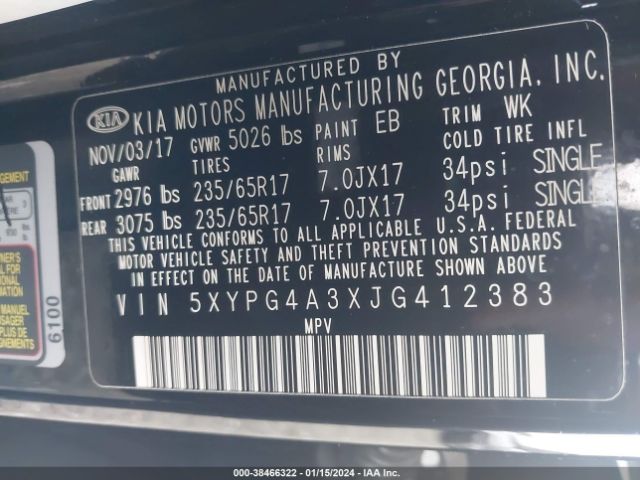 Photo 8 VIN: 5XYPG4A3XJG412383 - KIA SORENTO 