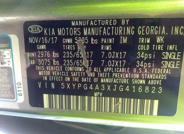 Photo 8 VIN: 5XYPG4A3XJG416823 - KIA SORENTO 