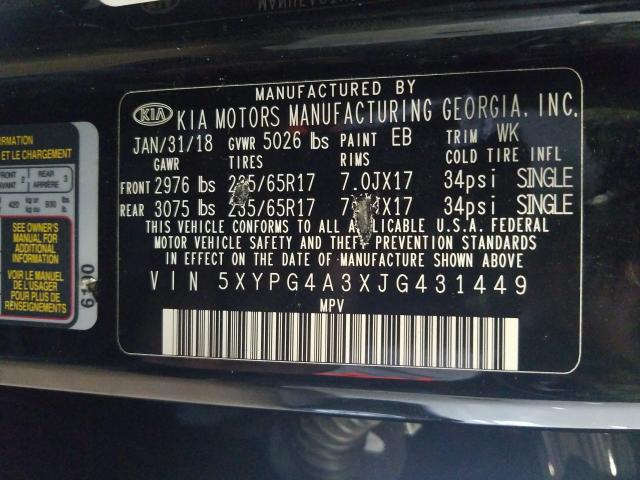 Photo 9 VIN: 5XYPG4A3XJG431449 - KIA SORENTO 