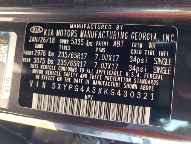 Photo 9 VIN: 5XYPG4A3XKG430321 - KIA SORENTO L 