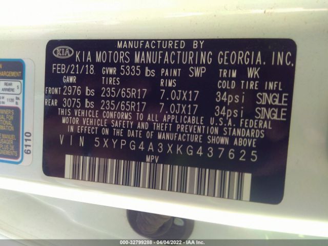 Photo 8 VIN: 5XYPG4A3XKG437625 - KIA SORENTO 