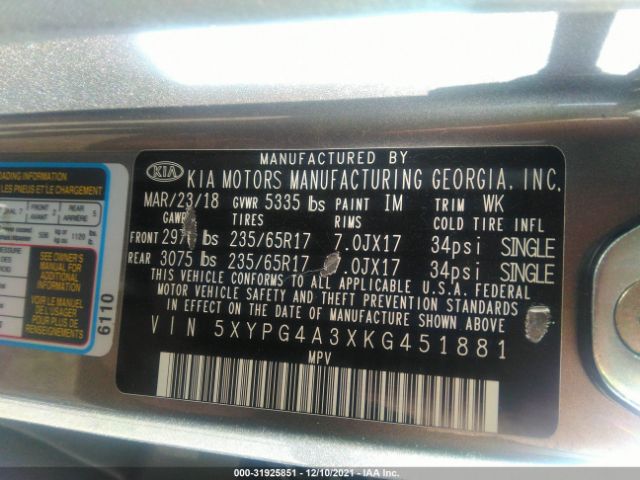 Photo 8 VIN: 5XYPG4A3XKG451881 - KIA SORENTO 