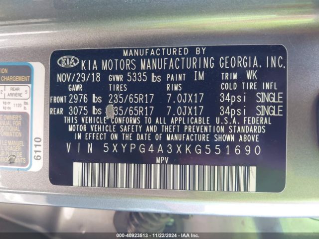 Photo 8 VIN: 5XYPG4A3XKG551690 - KIA SORENTO 