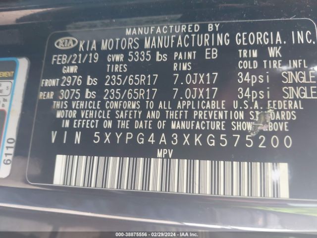 Photo 8 VIN: 5XYPG4A3XKG575200 - KIA SORENTO 