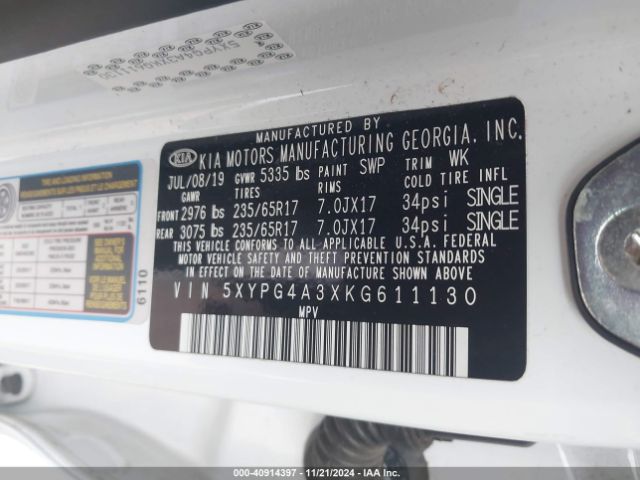 Photo 8 VIN: 5XYPG4A3XKG611130 - KIA SORENTO 