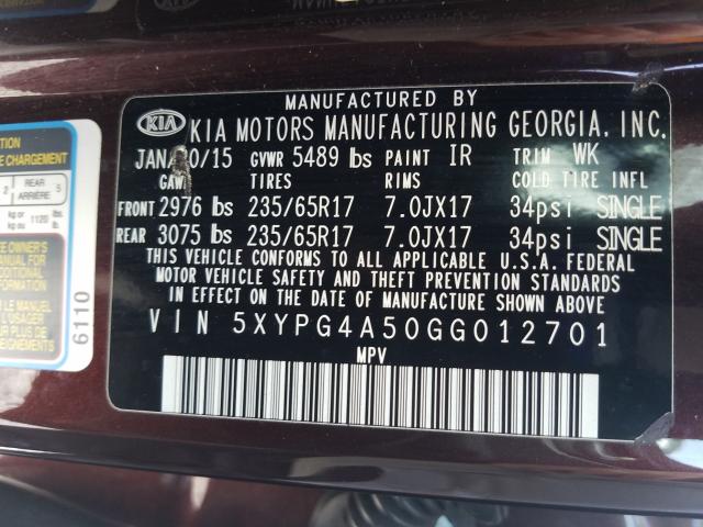 Photo 9 VIN: 5XYPG4A50GG012701 - KIA SORENTO LX 