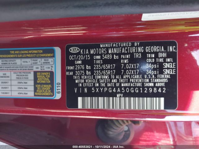 Photo 8 VIN: 5XYPG4A50GG129842 - KIA SORENTO 