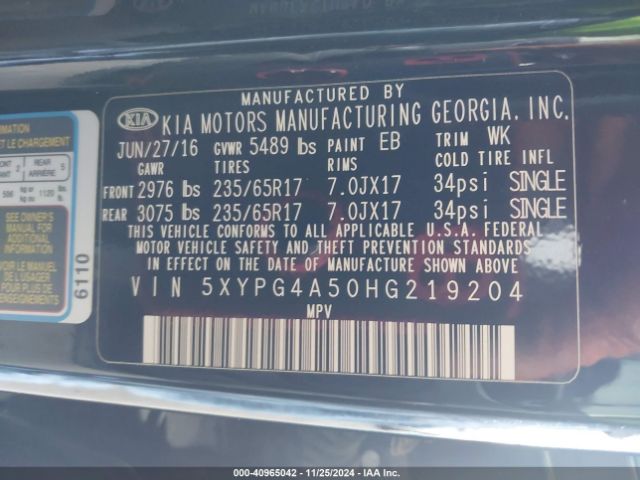 Photo 8 VIN: 5XYPG4A50HG219204 - KIA SORENTO 