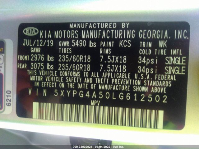 Photo 8 VIN: 5XYPG4A50LG612502 - KIA SORENTO 