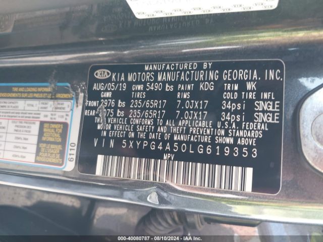 Photo 8 VIN: 5XYPG4A50LG619353 - KIA SORENTO 