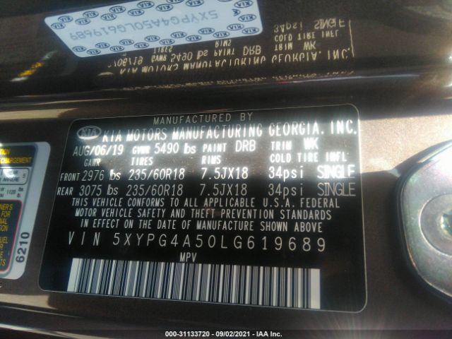 Photo 8 VIN: 5XYPG4A50LG619689 - KIA SORENTO 