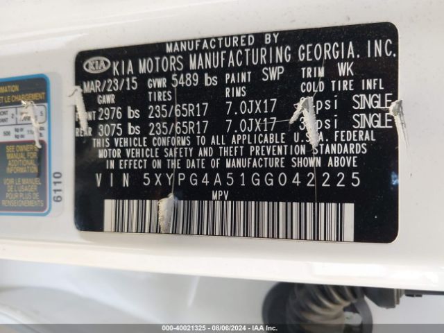 Photo 8 VIN: 5XYPG4A51GG042225 - KIA SORENTO 