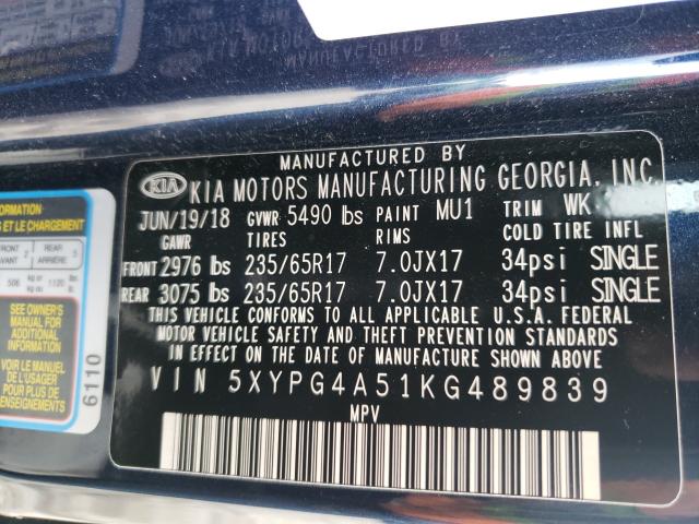 Photo 9 VIN: 5XYPG4A51KG489839 - KIA SORENTO LX 