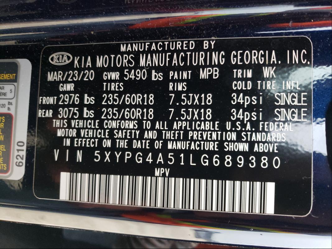 Photo 9 VIN: 5XYPG4A51LG689380 - KIA SORENTO S 