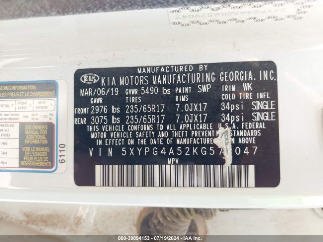 Photo 8 VIN: 5XYPG4A52KG579047 - KIA SORENTO 