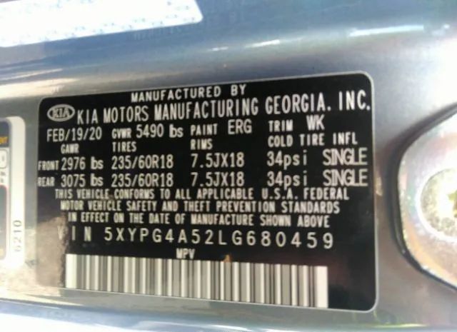 Photo 8 VIN: 5XYPG4A52LG680459 - KIA SORENTO 