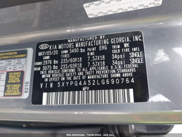 Photo 8 VIN: 5XYPG4A52LG690764 - KIA SORENTO 