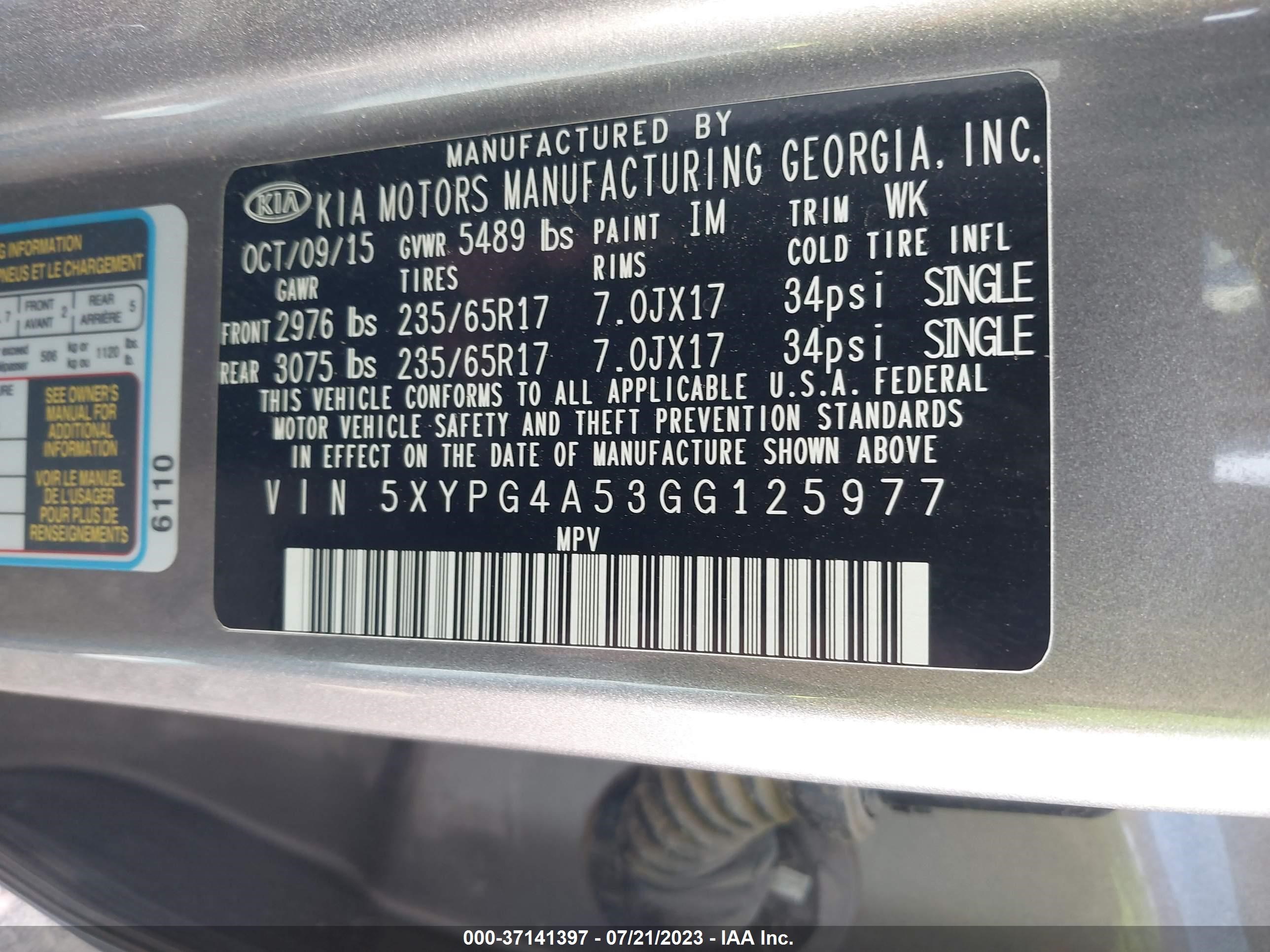 Photo 8 VIN: 5XYPG4A53GG125977 - KIA SORENTO 