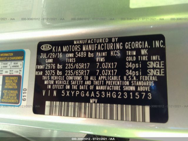 Photo 8 VIN: 5XYPG4A53HG231573 - KIA SORENTO 