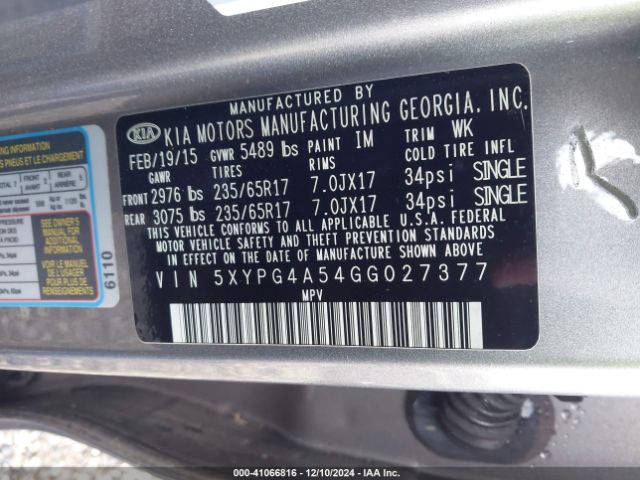 Photo 8 VIN: 5XYPG4A54GG027377 - KIA SORENTO 