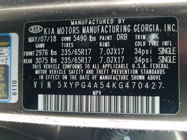 Photo 9 VIN: 5XYPG4A54KG470427 - KIA SORENTO LX 