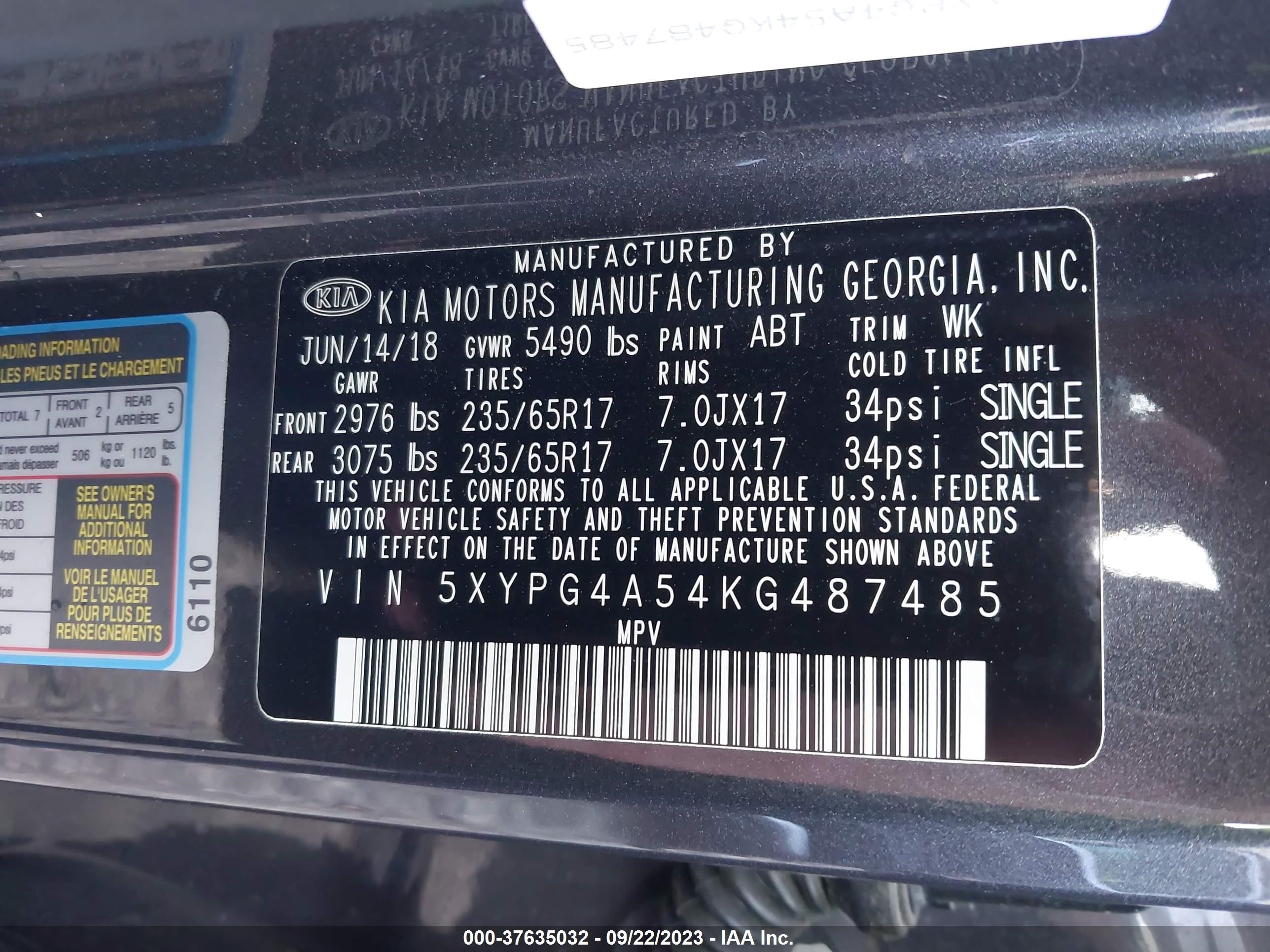 Photo 8 VIN: 5XYPG4A54KG487485 - KIA SORENTO 