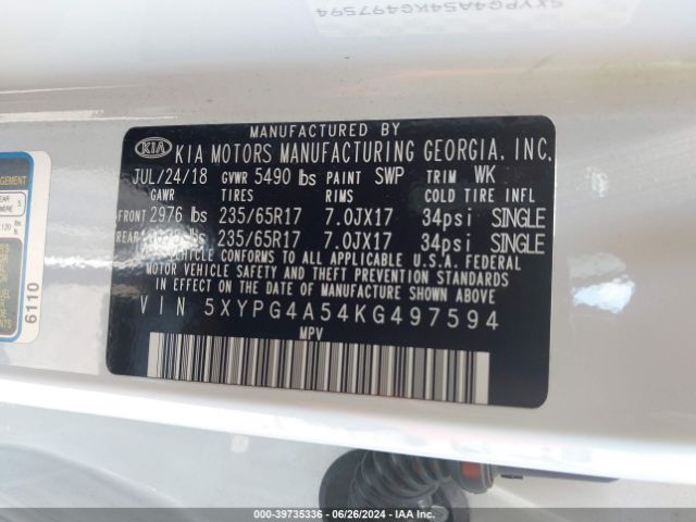 Photo 8 VIN: 5XYPG4A54KG497594 - KIA SORENTO 