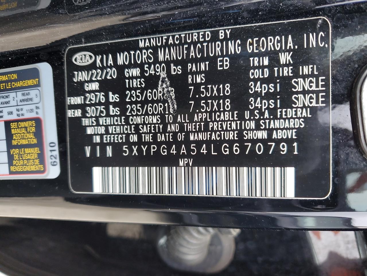 Photo 12 VIN: 5XYPG4A54LG670791 - KIA SORENTO 