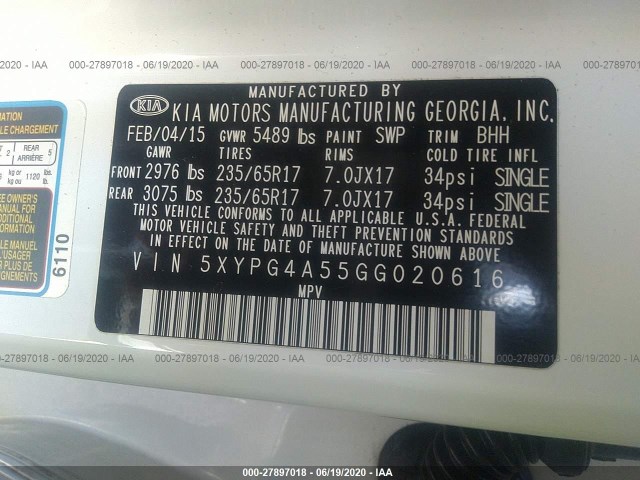 Photo 8 VIN: 5XYPG4A55GG020616 - KIA SORENTO 