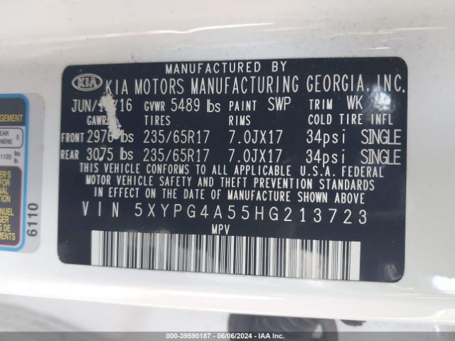 Photo 8 VIN: 5XYPG4A55HG213723 - KIA SORENTO 