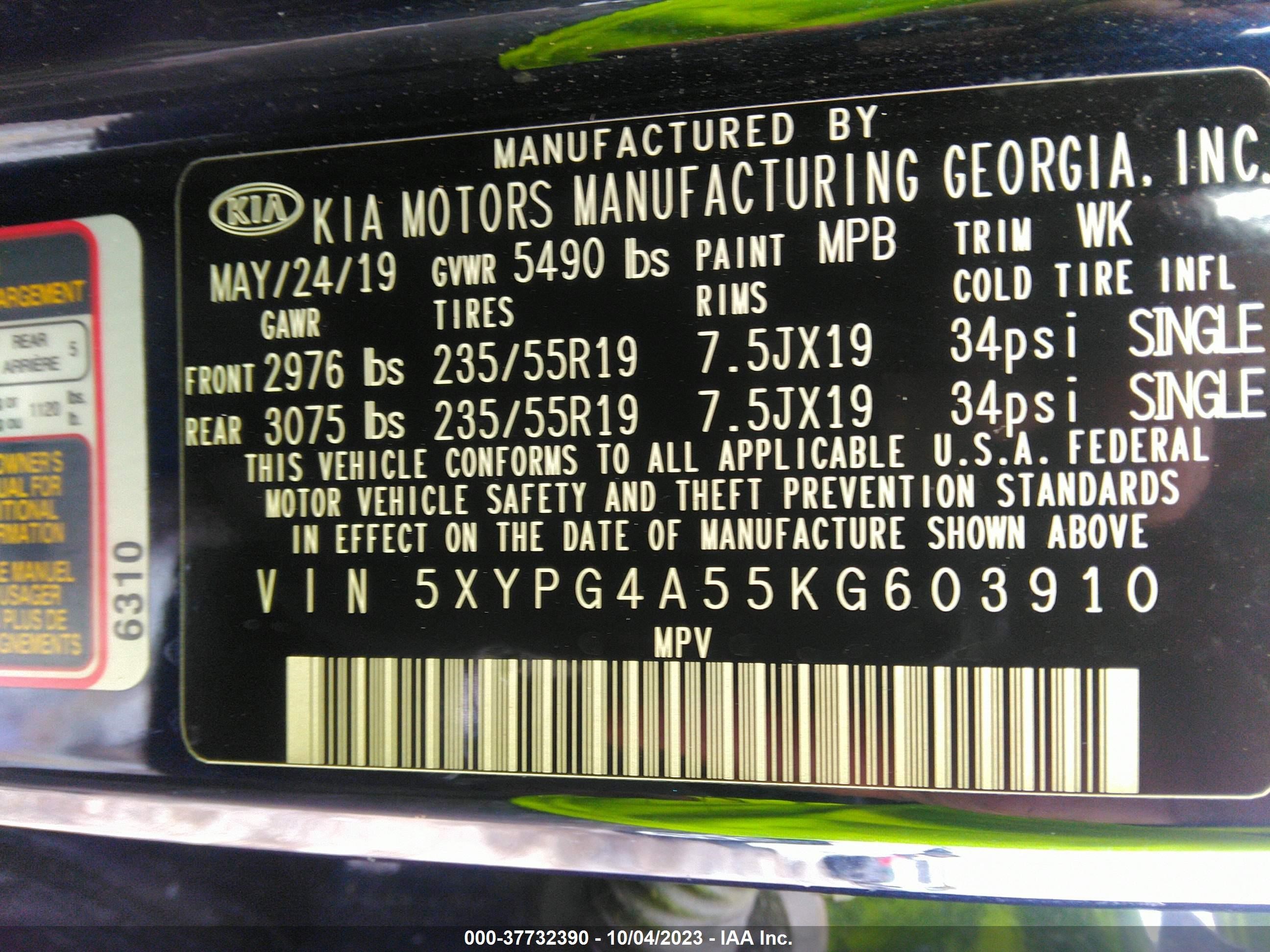 Photo 8 VIN: 5XYPG4A55KG603910 - KIA SORENTO 