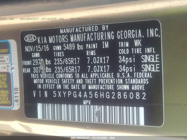 Photo 8 VIN: 5XYPG4A56HG286082 - KIA SORENTO 