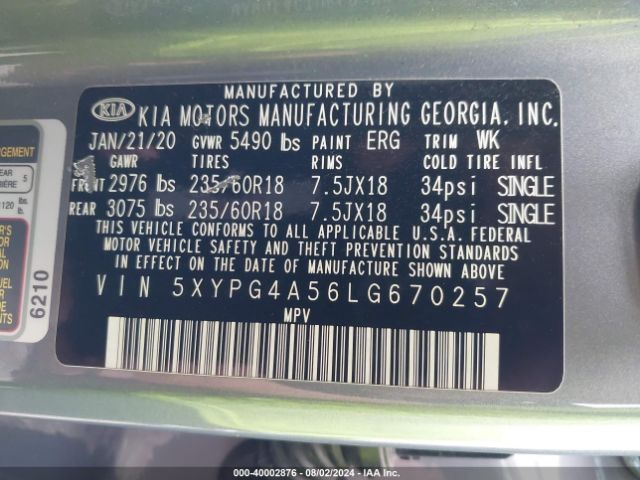 Photo 8 VIN: 5XYPG4A56LG670257 - KIA SORENTO 