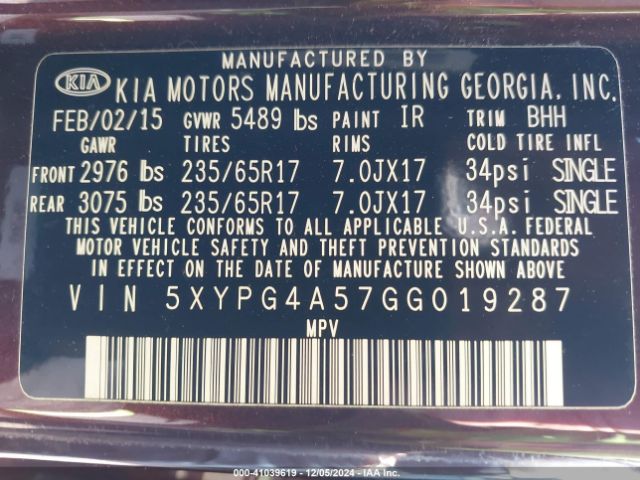 Photo 8 VIN: 5XYPG4A57GG019287 - KIA SORENTO 