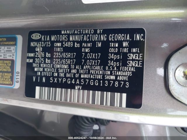 Photo 8 VIN: 5XYPG4A57GG137873 - KIA SORENTO 