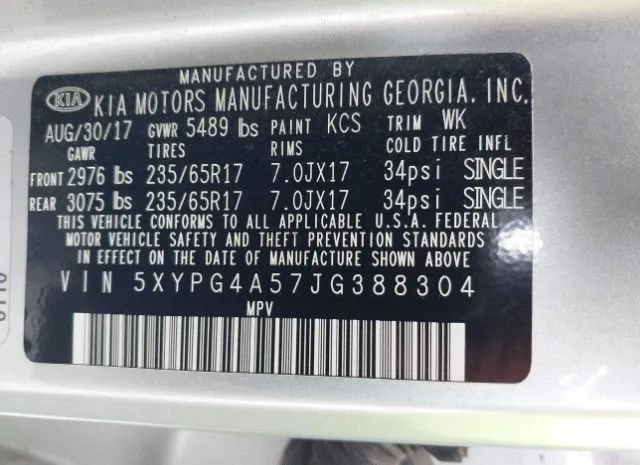 Photo 8 VIN: 5XYPG4A57JG388304 - KIA SORENTO 