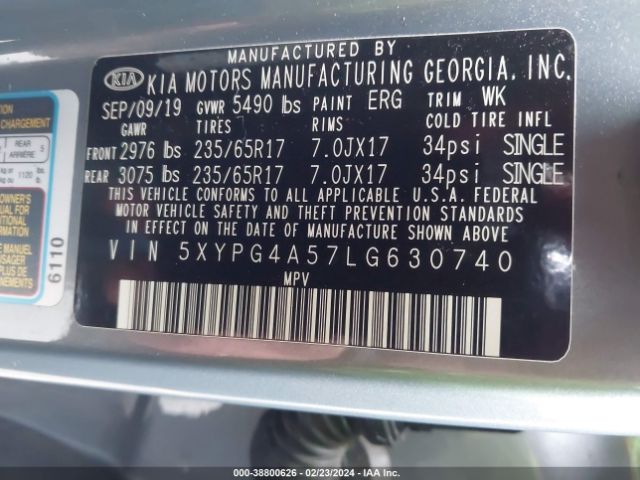 Photo 8 VIN: 5XYPG4A57LG630740 - KIA SORENTO 