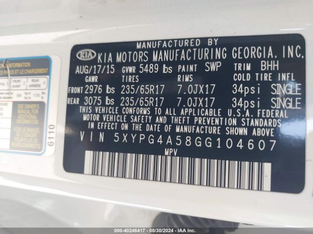 Photo 8 VIN: 5XYPG4A58GG104607 - KIA SORENTO 