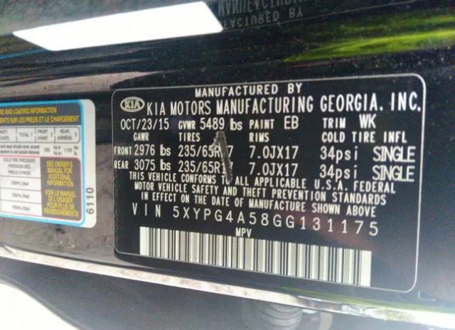 Photo 8 VIN: 5XYPG4A58GG131175 - KIA SORENTO 