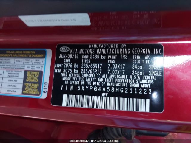 Photo 8 VIN: 5XYPG4A58HG211223 - KIA SORENTO 